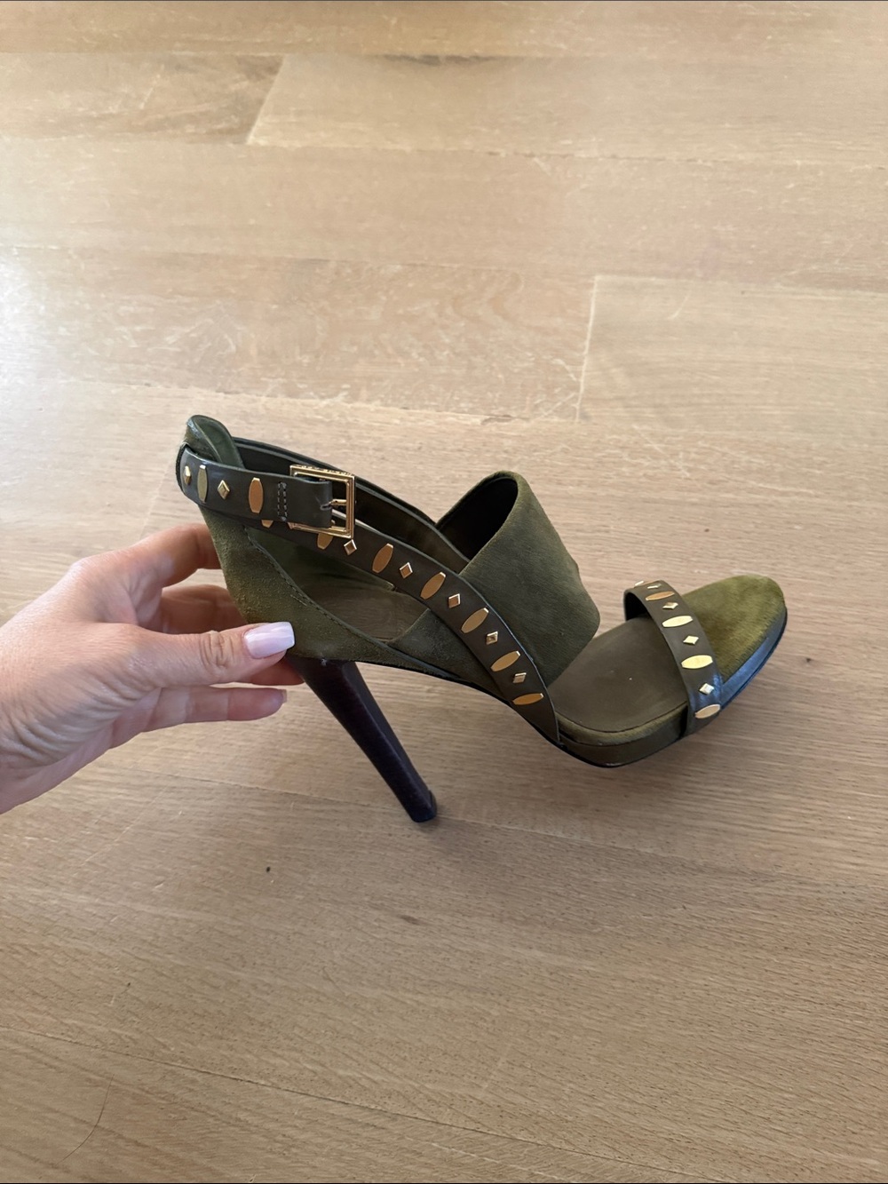 Tory Burch Olive Green Suede Studded High Heel Sandals